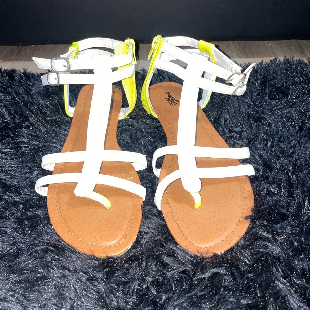 White and yellow ankle height zipper back sandals